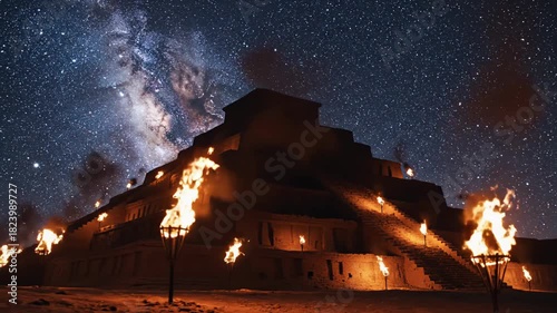 Ancient ziggurat illuminated by torches under a starry Milky Way night sky