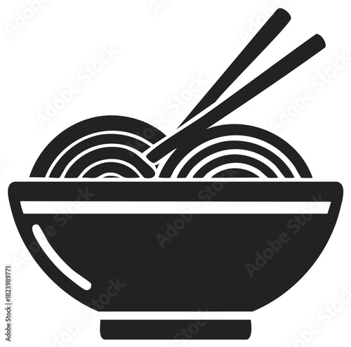 Stylized Black and White Icon of Noodles in a Bowl with Chopsticks