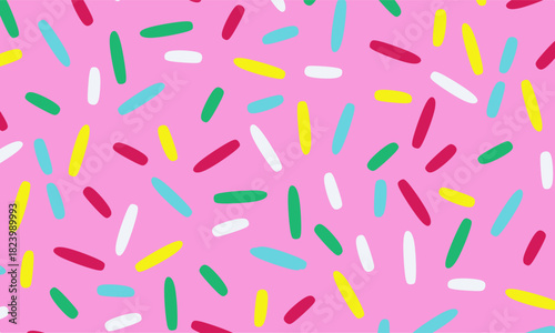 Sweet Sprinkles Seamless Pattern. Pink Strawberry Candy Background with Colorful Sprinkles. Colorful Sprinkles Seamless Pattern on Pink. Ideal for wrapping paper, bakery branding, and candy packaging