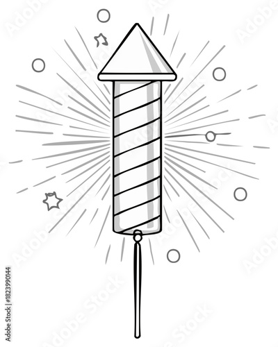 Stripped firework with geometric burst shapes and dangling string, festive celebration element