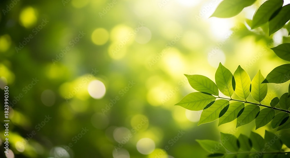 Obraz premium Sunlit green leaves with bokeh background for summer or spring