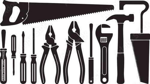 Collection of black silhouette illustrations of various hand tools on a white background hardware