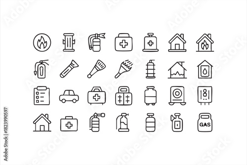 First aid, fire and hazard symbols in clean minimalist line style
