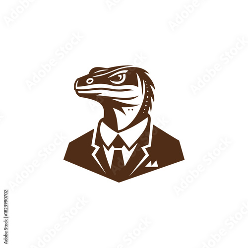 A bold and stylish illustration of a lizard or Komodo dragon character wearing a formal suit and tie