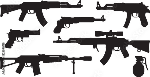 Collection of Black Silhouettes of Various Firearms and Grenade rifle pistol
