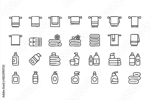Line art hanging and folded towel symbols for cleanliness themes