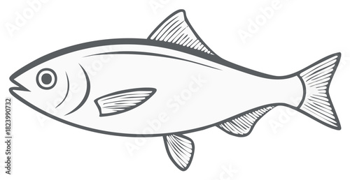Line Art of Swimming Fish, Monochrome Marine Life Illustration, Seafood Outline Drawing