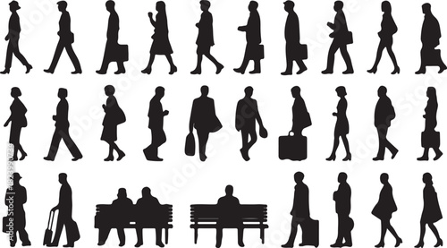Collection of black silhouettes of people walking and sitting on a white background vector illustration