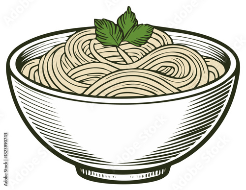 Generous bowl of swirled pasta topped with fresh green parsley leaves a delightful dish