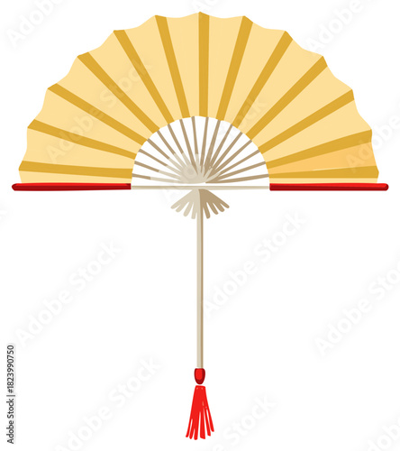Elegant traditional Asian paddle fan in yellow and gold with a red tassel illustration