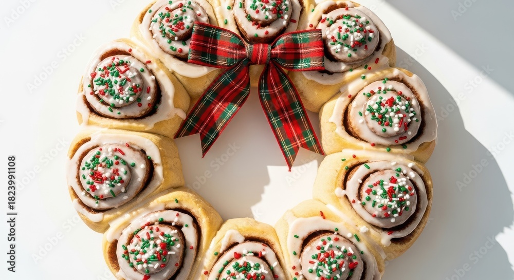Fototapeta premium Festive Christmas Wreath Pastry with Ribbon and Sprinkles.