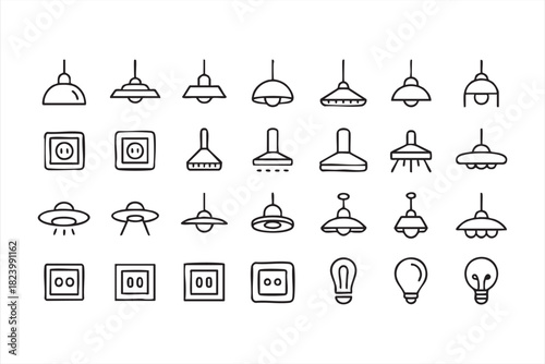 Minimal ceiling lamp and lighting icon set for interior design