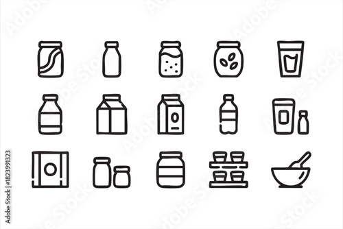 Minimal yogurt and dairy packaging icon set for food branding