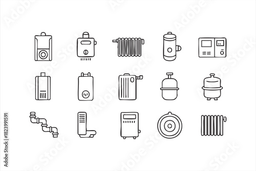 Minimal HVAC heating system icon set for plumbing and energy design