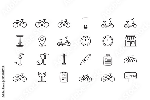 Line art cycling and repair shop symbols for service projects