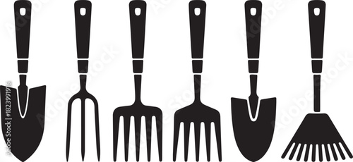 Row of Garden Hand Tools Silhouettes Including Shovels and Rakes Keywords: garden, tools, hand tools, shovel, spade, rake, pitchfork, gardening, cultivation, yard work