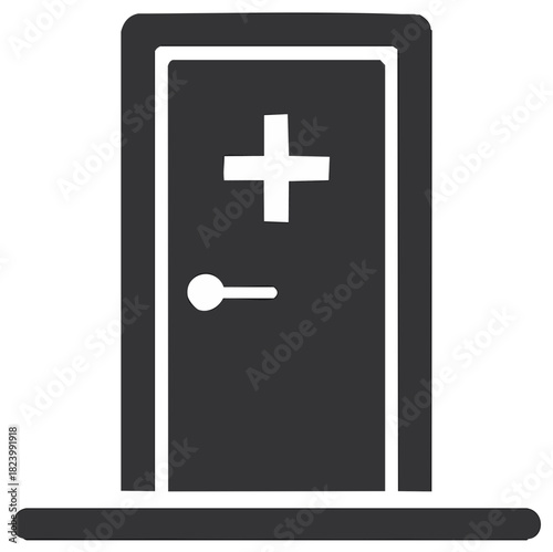 Medical office door icon with a plus symbol representing a clinic or hospital entrance for healthcare