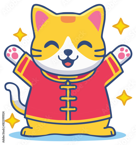 Adorable cartoon cat in traditional red Chinese outfit with open arms welcoming celebration