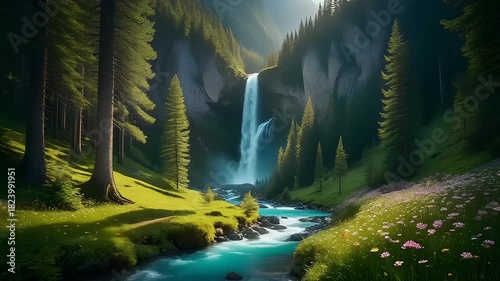 Serene Alpine Meadow with Majestic Waterfall,Turquoise Stream,and Lush Pine Forest bathed in Golden Light