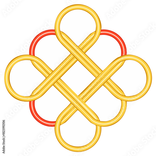 Stylized Mystic Knot Illustration Golden Loops Intertwined with Red Accent Four Cloverleaf Shapes Pattern Design Graphic