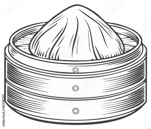 Dumpling in Steamer Basket Sketch, Hand Drawn Asian Cuisine, Dim Sum Serving,  Steamed Buns Illustration