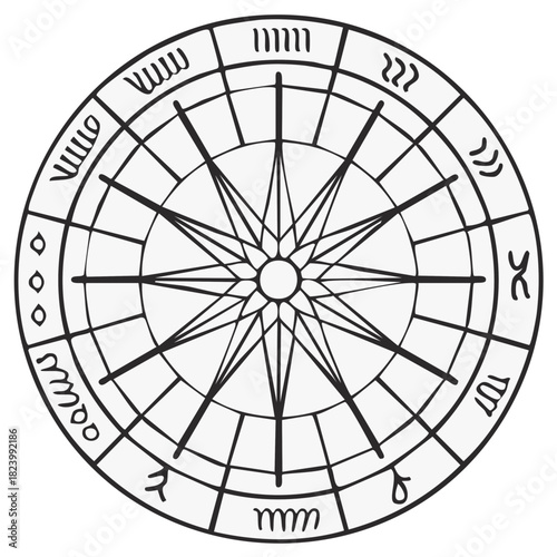 Mystical Compass Illustration in Black and White, Decorative Ornament Design