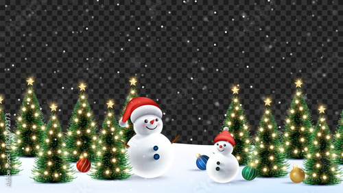 Snowy background. Snowdrifts. Snowfall in transparent background with christmas tree. Winter season background. Merry Christmas wish snowy background. Winter season with 3D cheerful snowman.