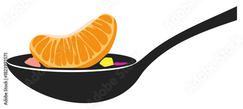 Healthy citrus fruit segment and colorful ingredients on a black spoon vector illustration