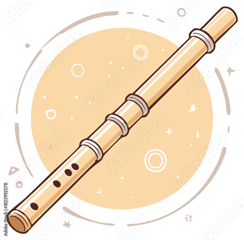 Wind Instrument Bamboo Flute Illustration Against Abstract Background with Geometric Shapes and Circles