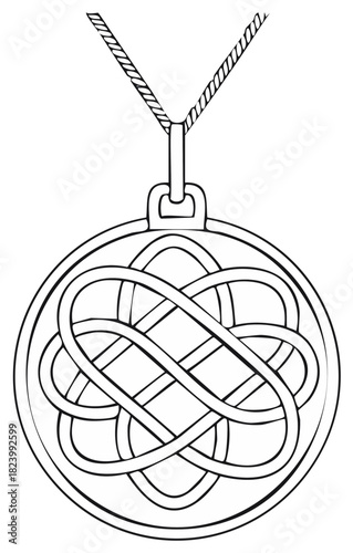 Intricate Celtic knot medallion line art for coloring book design featuring an interwoven spiritual symbol
