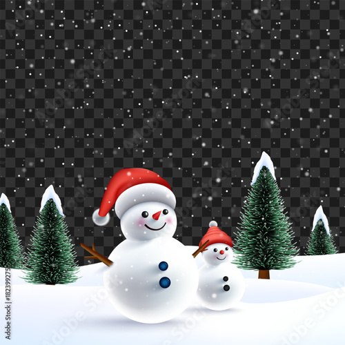 Snowy background. Snowdrifts. Snowfall in transparent background with christmas tree. Winter season background. Merry Christmas wish snowy background. Winter season with 3D cheerful snowman.