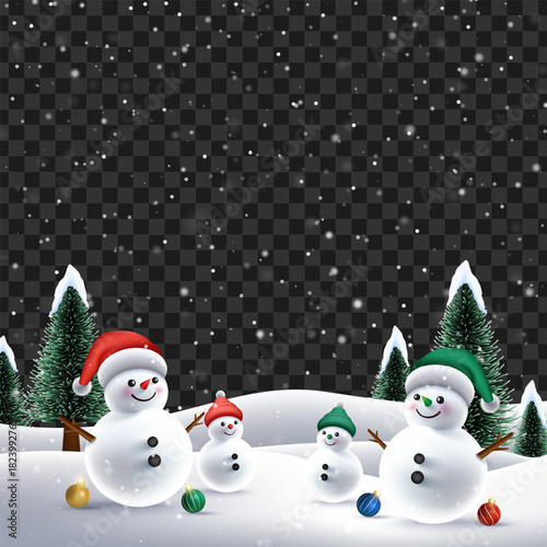 Snowy background. Snowdrifts. Snowfall in transparent background with christmas tree. Winter season background. Merry Christmas wish snowy background. Winter season with 3D cheerful snowman.