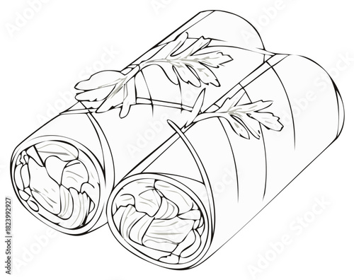 Black and white sketch of spring rolls with fresh herbs, Asian cuisine drawing