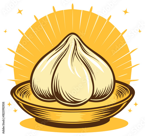 Vector illustration of a steamed Asian dumpling on a golden plate with a shiny sunburst background