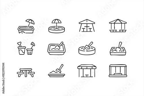 Line art sand play symbols with shovels and umbrellas