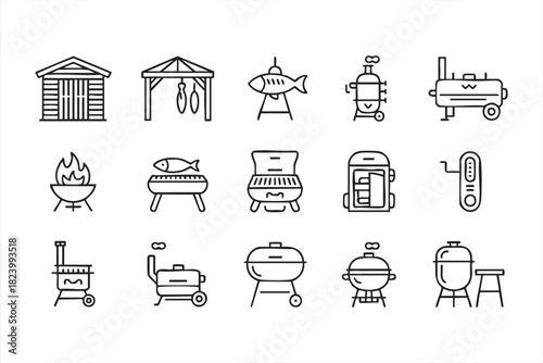 Smokehouse and fire pit outline icons collection
