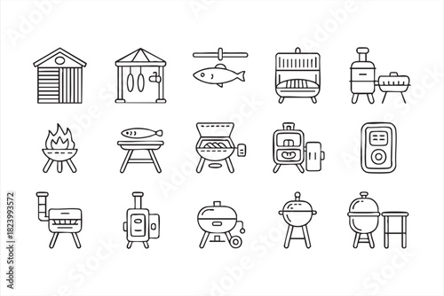Minimal grilling equipment icons for cooking projects