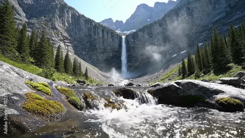 Majestic Waterfall Cascading into a Rocky Stream in a Scenic Mountain Valley Surrounded by Lush Evergreen Trees Under a Clear Sky