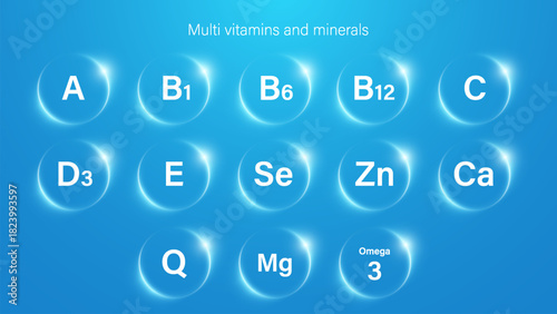Multi Vitamin and mineral icons shown in circular infographic chart. Multi Vitamin complex icons, banner flyer. Vector illustration. Place for text. 