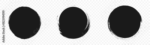 Brushstroke ring Set, black ink circles PNG, grunge charcoal blobs and rough textured borders isolated on transparent backdrop.
