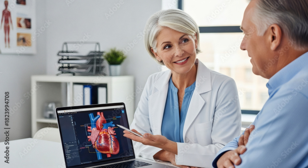 Obraz premium Compassionate doctor explaining heart health on laptop to senior patient, fostering trust and understanding during consultation, promoting wellness and care