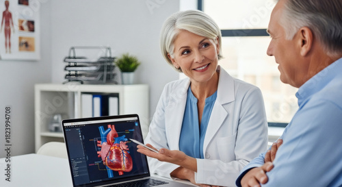 Compassionate doctor explaining heart health on laptop to senior patient, fostering trust and understanding during consultation, promoting wellness and care