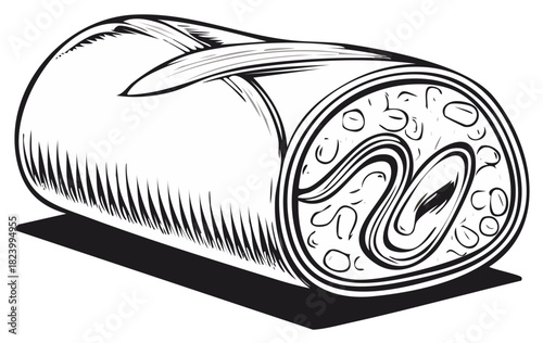 Sketch style drawing of a Burrito wrap cross section featuring beans and meat fillings, black lines and shadows
