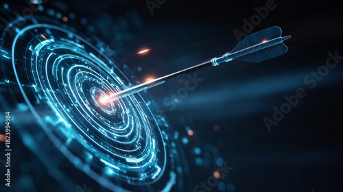 Stunning arrow hitting digital target, futuristic success concept, achieving goals with precision and modern technology, perfect aim, success story
