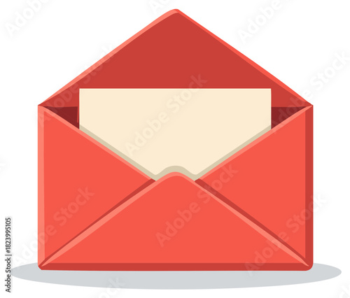 Minimalist red open envelope with blank paper representing news message and invitation