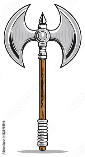Fantasy battle axe with double blades and a spiked tip on a wooden handle
