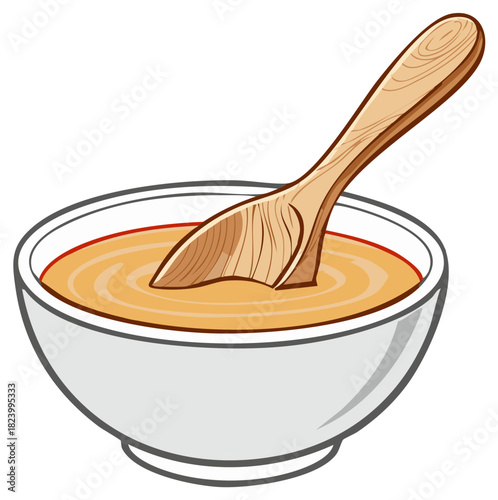 Simple illustration of a white bowl filled with creamy soup and a wooden spoon.