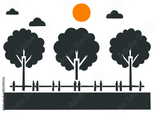 Minimalist park landscape illustration featuring three stylized trees a bright sun and clouds above a simple fence
