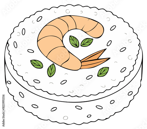 Isolated Shrimp Sushi Roll with Rice and Herbs Vector Illustration