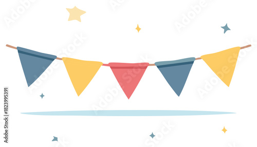 Colorful festive triangular pennant banner decorations with scattered star shapes and a pale blue base line